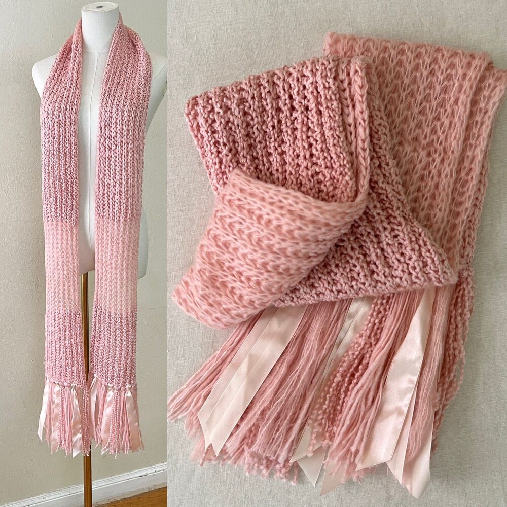 Pastel Pink Whimsical Chunky Knit Extra Long Scarf with Satin Ribbon Fringe Trim